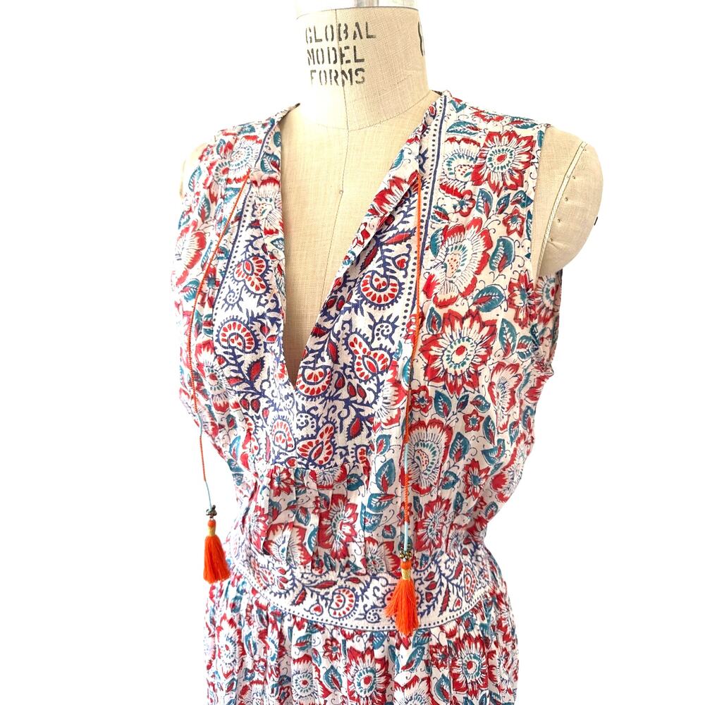 BELL by Alicia Bell Midi Sun Dress in Blue & Orange Floral Silk Print Size Large - Picture 2 of 8